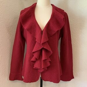 Susan Bristol Red 100% Boiled Wool Ruffle Front Cardigan Sweater Womens Medium
